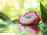 Vibrant dragon fruit in tranquil water setting.