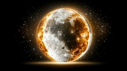 Wall Mural - Dynamic rotation of glowing celestial sphere with sparkling particles on a black background