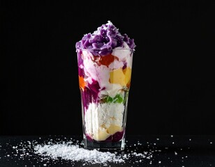 Wall Mural - ai-generated vibrant halo-halo dessert in a glass with colorful layers against a black background.