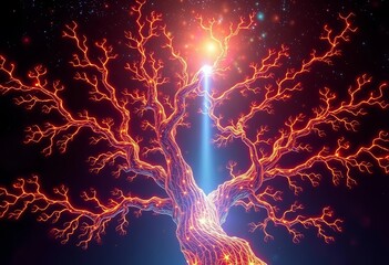 glowing, fractal branches of a digital tree reach towards a celestial light source, surreal, otherwo