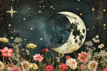 Wall Mural - paper collage of the moon flower astronomy outdoors.