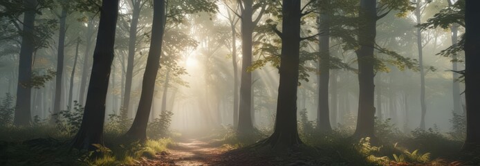  Misty morning forest, sunlight filtering through leaves, texture, picture