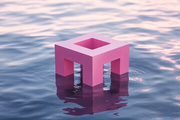 Poster - Pink Abstract Geometric Cube Floating on Serene Water Minimalist 3D Render Modern Design Elegant Architecture Tranquil Scene Peaceful Background Digital Art Illustration Stylish   