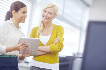Leinwandbilder - Women, together or leadership in office with tablet, working with technology for web design business. Female manager, mentor or coaching colleague with ebook, problem solving and support with web