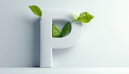 Aufkleber - Capital letter P,  white,  with  green leaves