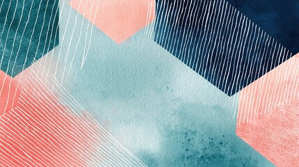 Poster - Hand-Drawn Geometric Lines with Watercolor Textures in Soft Tones