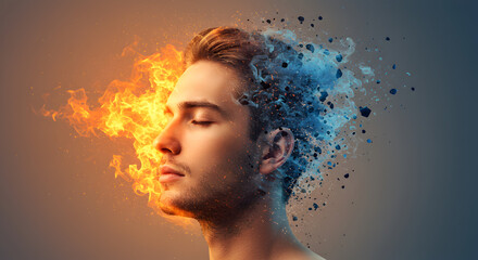 Poster - Surreal Portrait of a Man with Half Fire and Half Ice Effect Against a Gradient Background in Warm and Cool Tones