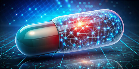 Poster - A large capsule appears against a dark background, featuring intricate network patterns and glowing elements. The design emphasizes technology and innovation, creating a sense of modernity