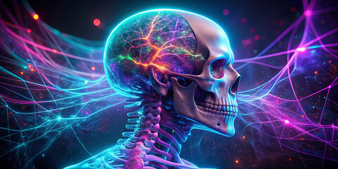 Poster - A vibrant skull illustrates brain activity with neon colors and electrical patterns. The cosmic background adds depth, enhancing the connection between science and art