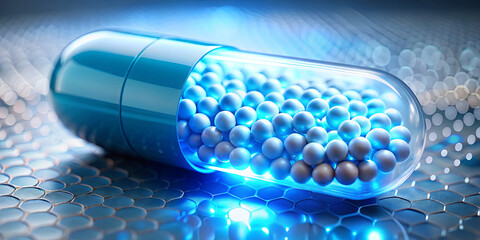 Poster - A vibrant capsule is showcased with a transparent design revealing shiny pearls inside. The backdrop features a luminous, futuristic surface that enhances the visual appeal