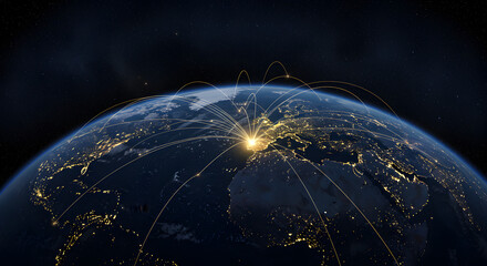 Poster - Aerial View of Earth in Deep Space with Lit Up Continents and Countries During the Night