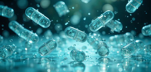 Poster - Transparent capsules drift in a serene aqua background, surrounded by tiny bubbles. Soft light enhances the tranquil mood, showcasing the delicate forms and environment