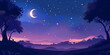 © Zain - Serene night sky with crescent moon and stars above purple hills and silhouetted trees dreamy and tranquil atmosphere