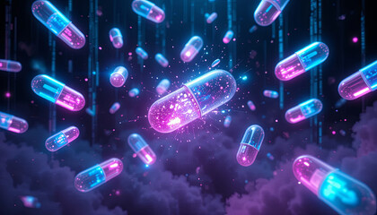 Poster - Floating capsules in a dark environment illuminate the surroundings with vivid colors, creating a captivating visual effect. The lively burst of light adds a dynamic quality to the scene
