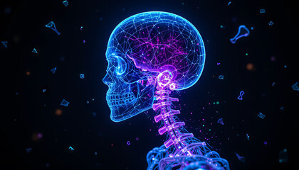 Poster - A detailed representation of a human skeleton highlighted in neon blue and purple, emphasizing the bone structure. The background is dark with digital particles enhancing the futuristic appearance
