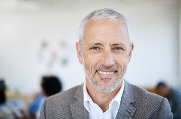 Poster - Office, smile and portrait of businessman with confidence for management, work and pride in career. Happy, person and mature manager at agency for administration job, ambition and positivity