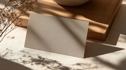 Poster - blank textured card on beige tabletop with natural light shadows