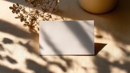 Poster - Blank Paper Card Mockup on Beige Tabletop with Shadows and Natural Light
