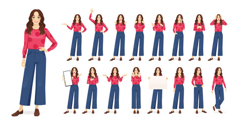 Young beautiful woman with curly hair in different poses set. Isolated vector illustration