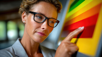 Poster - A businesswoman with glasses interacts with a colorful touchscreen energy rating chart, focusing on the display.