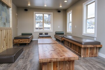 Poster - a spacious room with treatment beds and wooden tables