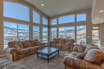 Poster - a spacious living room offers scenic mountain views through windows
