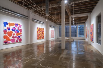 Poster - A Spacious Art Gallery Interior Showcasing Modern Colorful Abstract Paintings