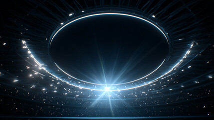 Poster - Abstract glowing circular structure with light particles floating in a dark environment