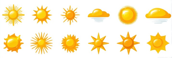 Poster - Collection of Yellow Sun Icons Featuring Various Sun Designs and Shining Rays for Illustrations and Graphic Use Generative AI