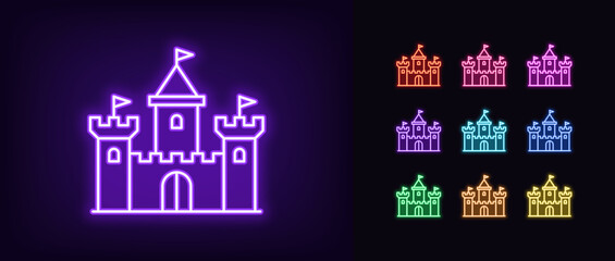 Poster - outline neon medieval castle icon. glowing neon king castle with towers and flags, ancient fortress 