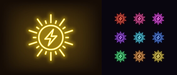 Poster - outline neon solar energy icon. glowing neon sun with rays and lightning icon, sunbeam energy. elect