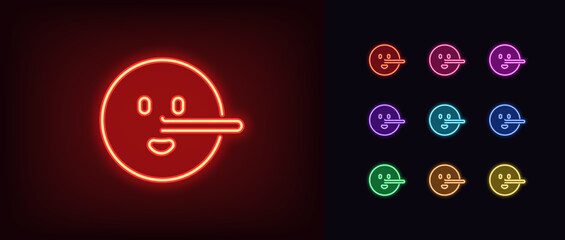 Poster - Outline neon liar emoji icon. Glowing neon lie emoticon with long nose, deceiver emoji. Liar face with big nose, say untruth, deceiver emoticon, fake truth and deception, tell false. Vector icon set