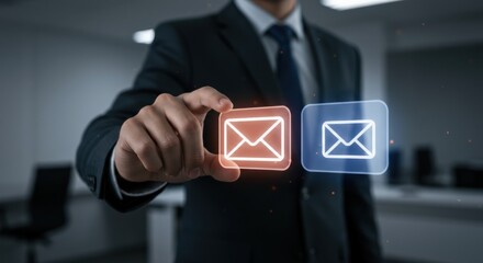 Professional communication network with dual email selection icon in corporate environment for digital interaction, message processing, notification control, technology access, online data exchange
