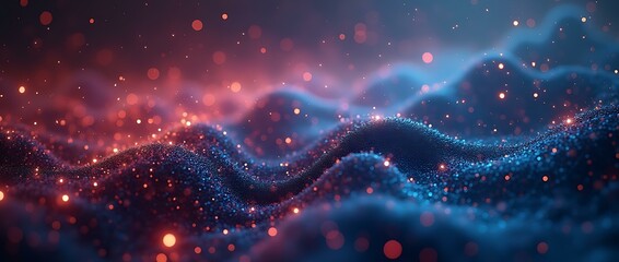 Aufkleber - Abstract wave with glitter and glowing particles. Futuristic background with bokeh effect. Shiny shimmering surface for banner and design.