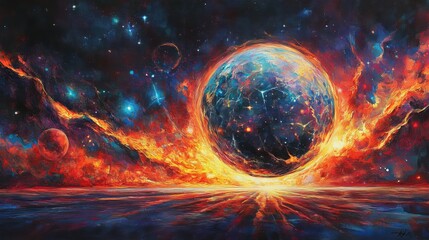Wall Mural - Fiery cosmic landscape with burning planet and vivid stars art sky red fire blue dark space night