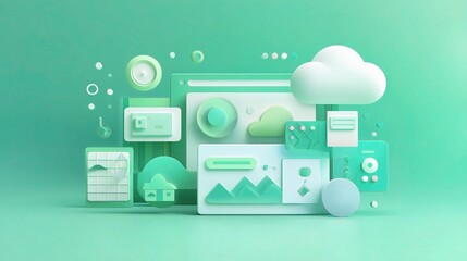 Poster - Green Abstract Background with Illustrated Website Elements and Shapes