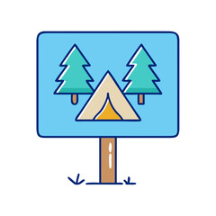 Poster - Camping site sign with tent and trees for outdoor adventure and recreation destination guide