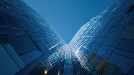 Poster - Low Angle Abstract View of High Rise Glass Building at Dusk