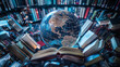 © Ірина Пальцева - Global Education Network, a vibrant globe surrounded by interconnected books symbolizing universal access to knowledge and learning