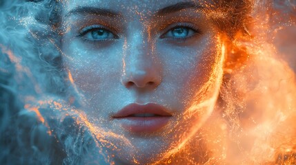Poster - abstract portrait of a face shrouded in holographic light waves