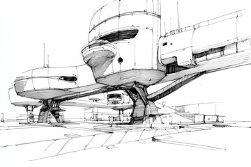Fototapete - Futuristic Building Design With Stylized Architecture Featuring Unique Ink Line Techniques Generative AI