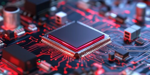 Poster - A close up of a computer chip with red and black colors. The chip is surrounded by other electronic components