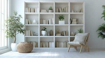 Poster - minimalist white bookcase filled with books and green plants