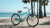 Cruiser Bike by Sandy Ocean Beach in Oceanside, California USA. Summertime Vacations with Vintage Cycle and Palm Trees