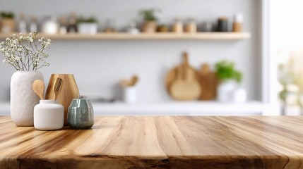 Poster - clean wooden kitchen tabletop with decorative items and plants