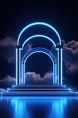 Poster - Neon arch in dark blue lights room with clouds. Abstract background for party stage or product display.