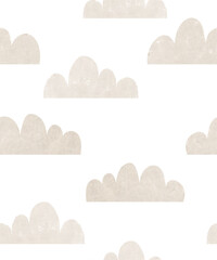 Wall Mural - cute simple seamless vector patterns with beige fluffy clouds on a white background. simple nursery 