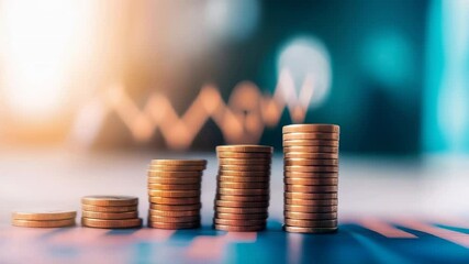 Poster - Growing financial coins stacking upward on blurred chart background, representing investment growth and economic advancement