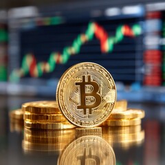Poster - Bitcoin Close-Up: Golden Cryptocurrency Stacks Reflect on a Shiny Surface with Blurred Price Chart Background