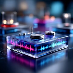 Poster - Digital Sound Wave Displayed in a Translucent Block on Futuristic Dark Surface with Blurry Background.